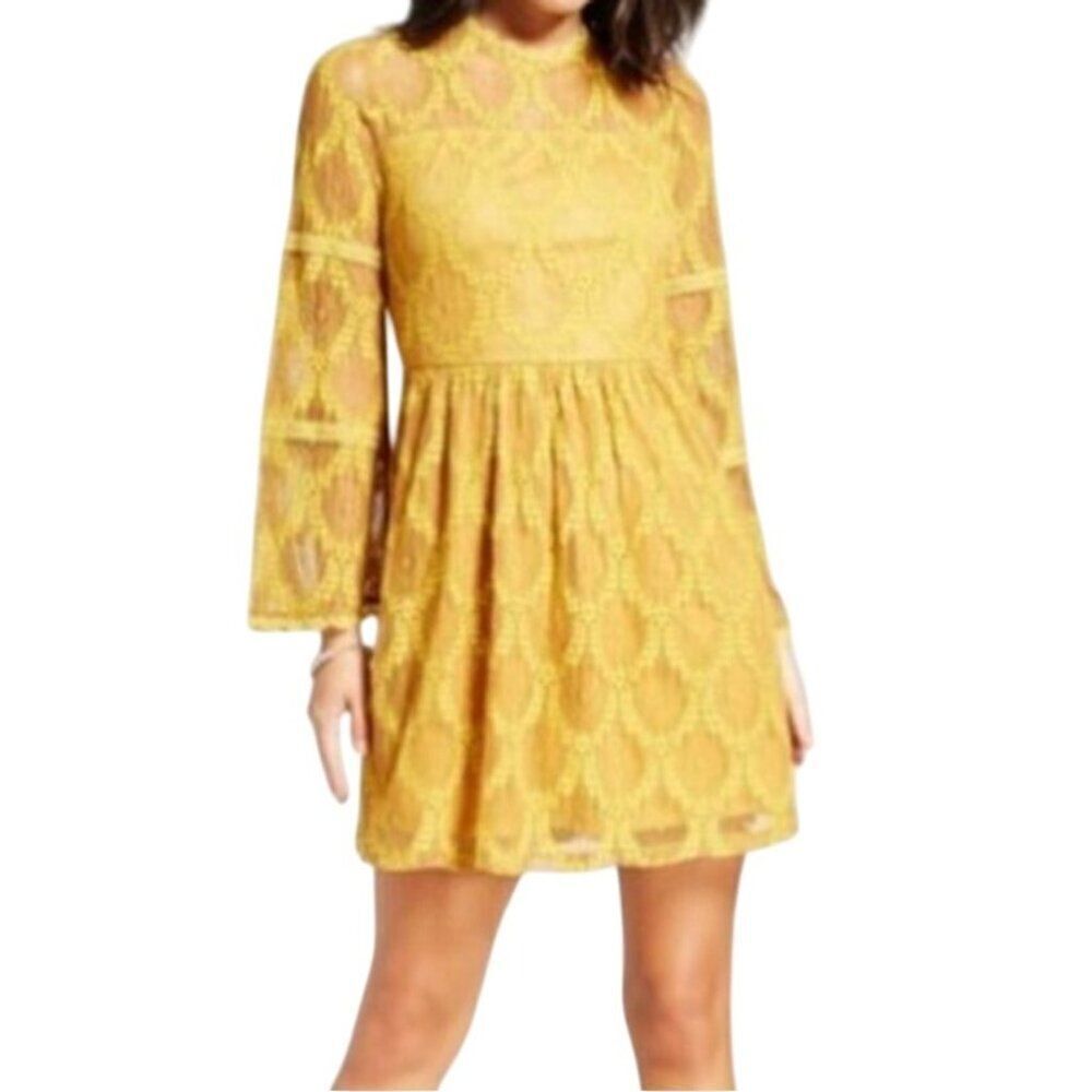 Xhilaration  Mustard Yellow Lace Bell Sleeve Dress L Tea Length Retro 70s Hippie